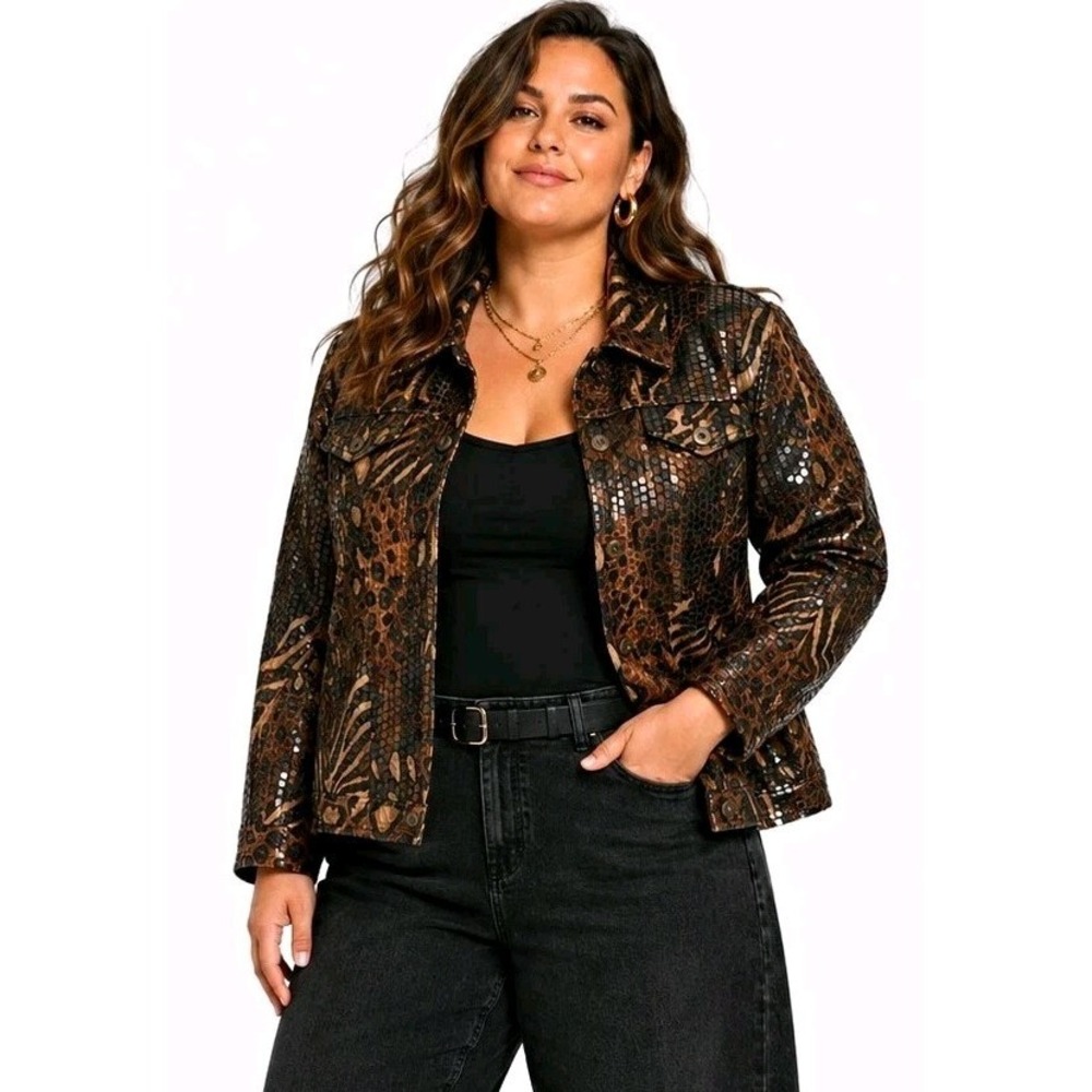 Ruby Rd Women's 16 Animal Print Embellished Jacket Shacket Brown Leopard Sparkle